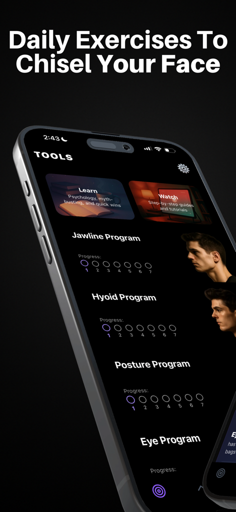 Mogged: Glow Up for Men - Mogged App-Oberfläche mit täglichen Gesichtstrainingprogrammen für Kieferlinie, Haltung und Augen