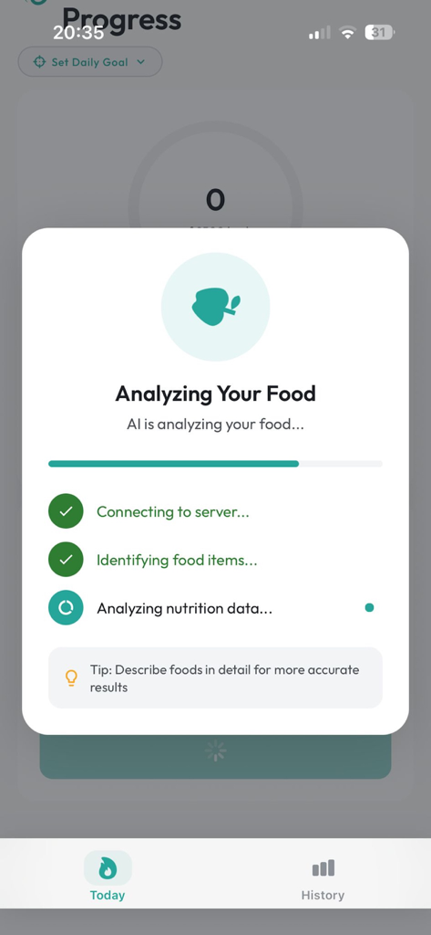 Mobile screen showing AI analyzing food items and nutrition data in the Calorie Tracker app.