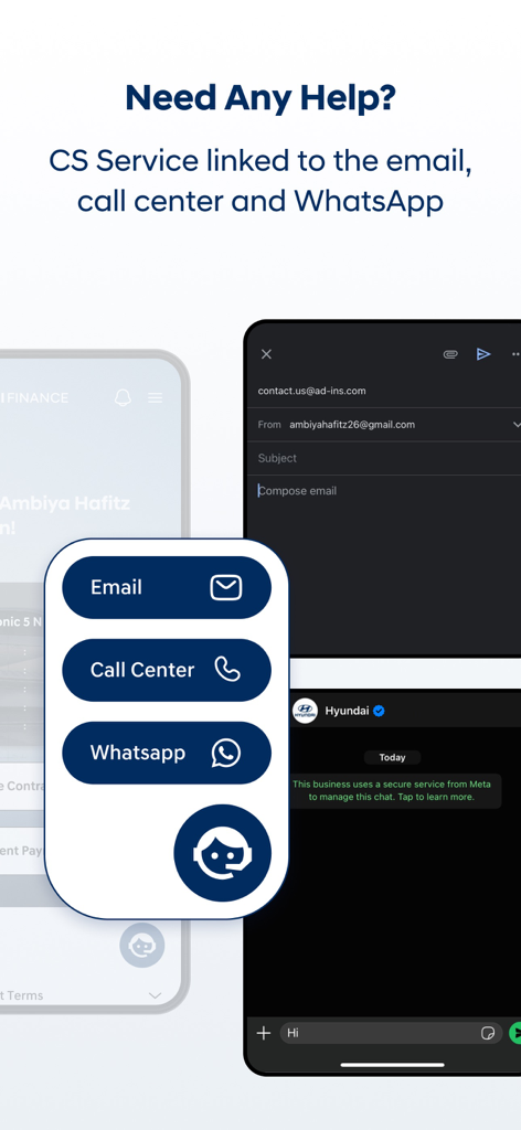 Pantalla de la aplicación Hyundai Finance mostrando métodos de contacto de soporte al cliente, incluidos correo electrónico, centro de llamadas y WhatsApp.