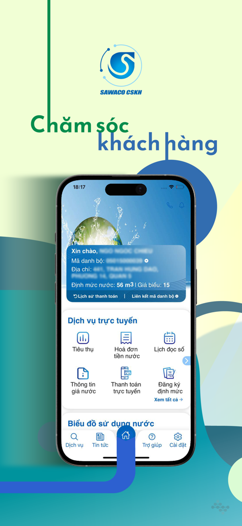 Pantalla de inicio de la aplicación SAWACO CSKH que muestra servicios públicos de agua en línea y opciones de pago de facturas