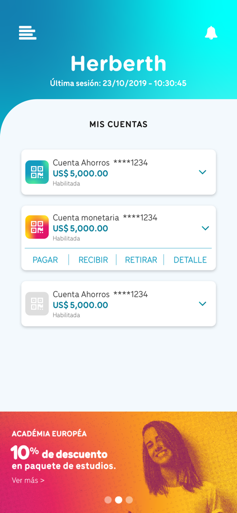 YOLO - Pantalla de la app móvil YOLO mostrando saldos de cuentas de ahorro y corriente en dólares estadounidenses con botones de transacción