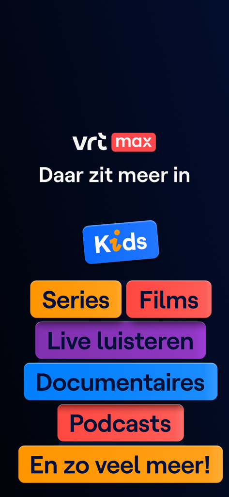VRT MAX app interface showing various content categories like series films and podcasts