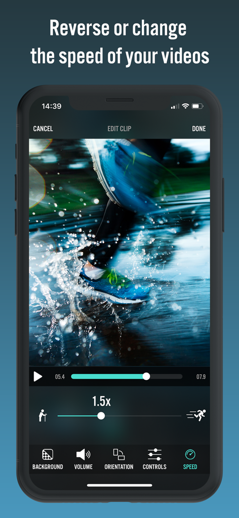 Videorama Text & Video Editor - iPhone screen displaying the Videorama app interface with a video speed adjustment tool set to 1.5x speed