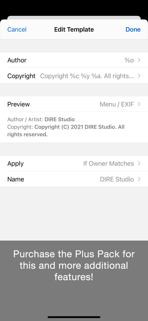 The Edit Template interface of ShutterCount Mobile for setting camera copyright and author information.