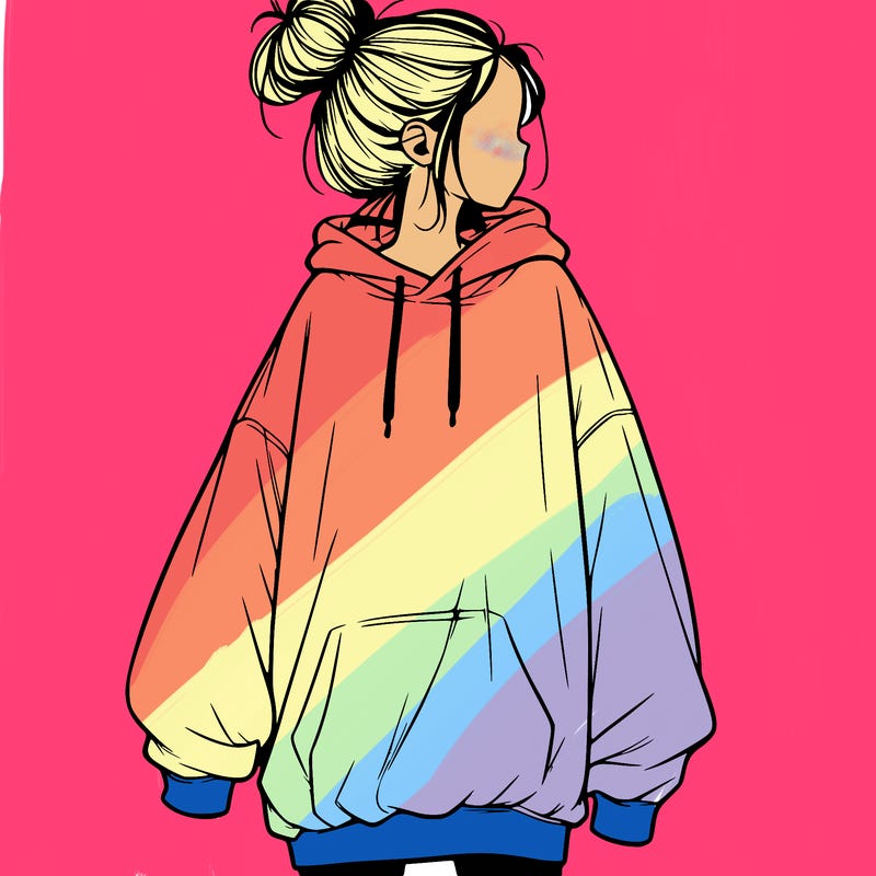 realistic girl with a oversized sweatshirt on and a bun