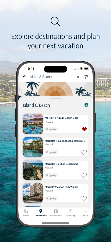 Marriott Vacation Club - ハワイのアイランド＆ビーチリゾートのデスティネーションを示すMarriott Vacation Clubアプリ。