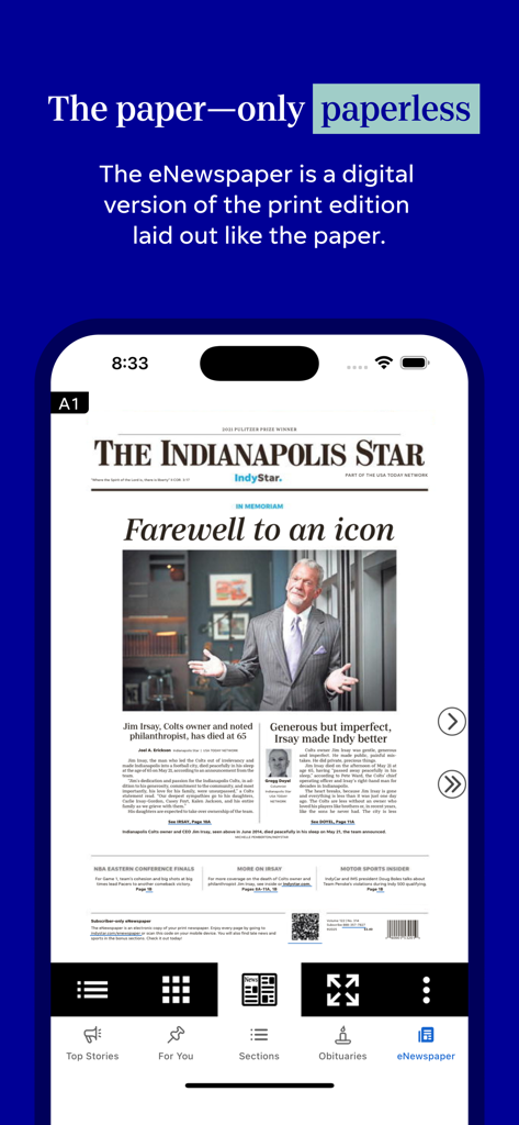 IndyStar: Indianapolis Star - The IndyStar app displaying a digital replica of the Indianapolis Star print newspaper.