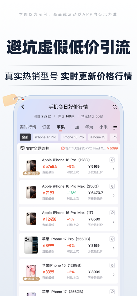 慢慢买-查询历史价格走势比价识货app - ManManMai App-Oberfläche, die Echtzeit-Preistrends und historische Tiefstan fiyatdaten für verschiedene iPhone-Modelle anzeigt