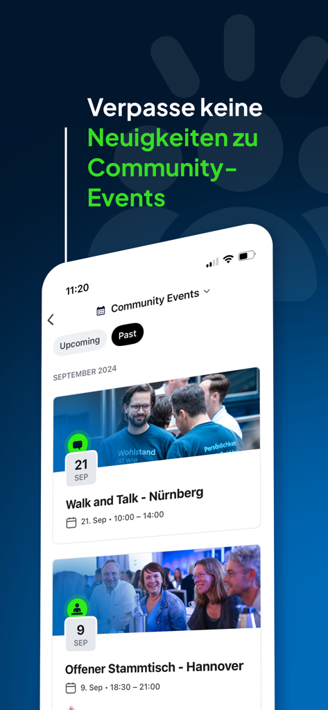 PJM Investment Akademie app interface displaying upcoming community networking events and regional meetups