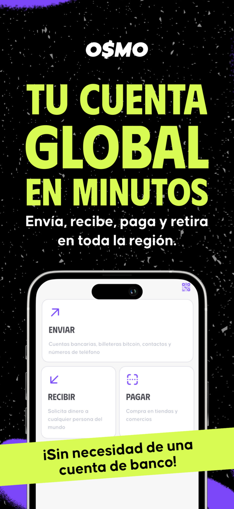 Osmo Money - Osmo Money mobile app interface showing options to send receive and pay globally without a bank account