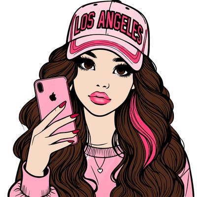realistic beautiful girl wearing los ángeles cap holding an iphone