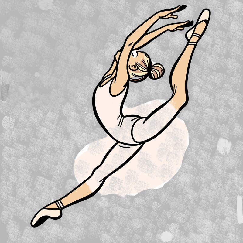 gymnast doing a leap in a leotard with a bent back leg