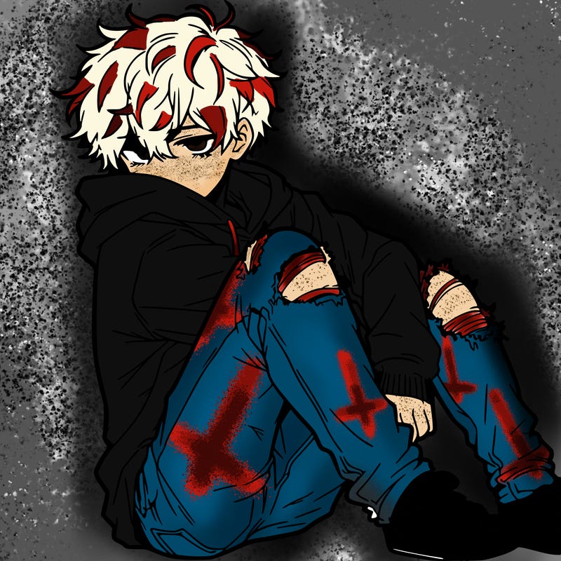 a male hoddie ripped jeans messy hair anime