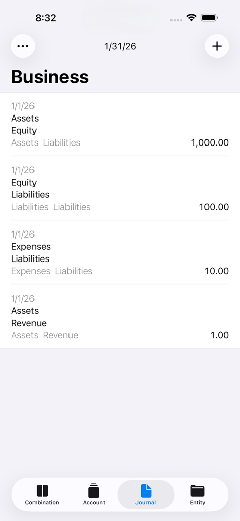 Double Entry Bookkeeping app journal view showing business transaction entries including assets and liabilities