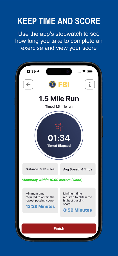 Interfaz del cronómetro de la aplicación FBI FitTest para la prueba de carrera de 1.5 millas que muestra el tiempo transcurrido y los puntos de referencia de puntuación.
