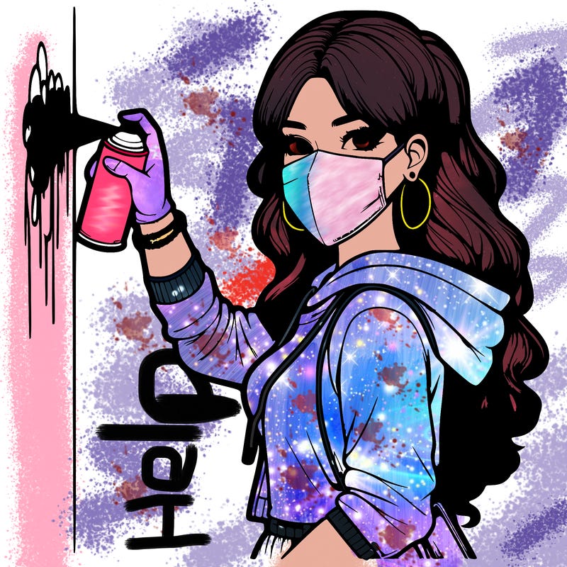 realistic girl with mask spray painting a wall