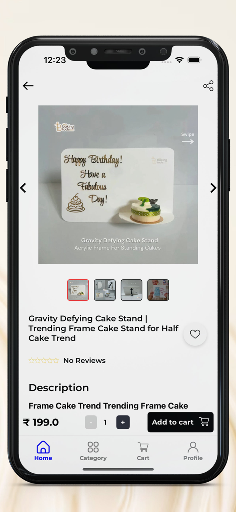 The Baking Tools - Product page on The Baking Tools app showing a trending gravity defying cake stand frame for half cakes.