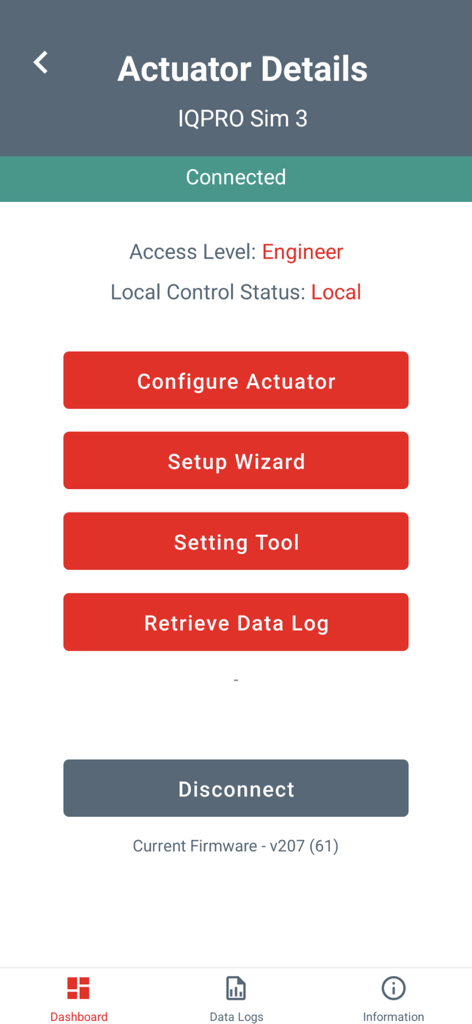 Rotork IQ3 Pro Actuator App - Interfaz de la aplicación Rotork IQ3 Pro Actuator mostrando detalles del actuador y opciones de configuración para ingenieros