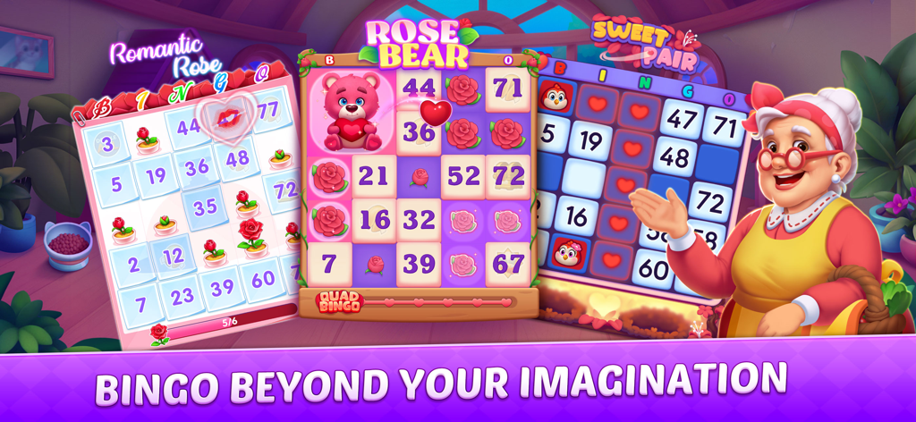 Tre cartelle di bingo a tema e un allegro personaggio anziano nel gioco mobile Bingo Frenzy