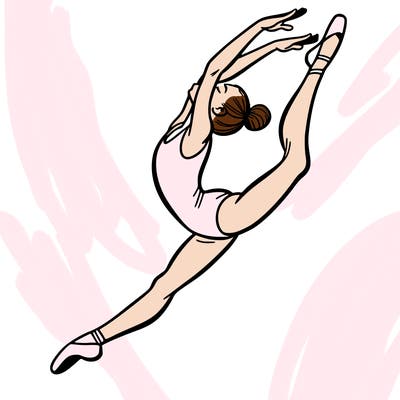gymnast doing a leap in a leotard with a bent back leg