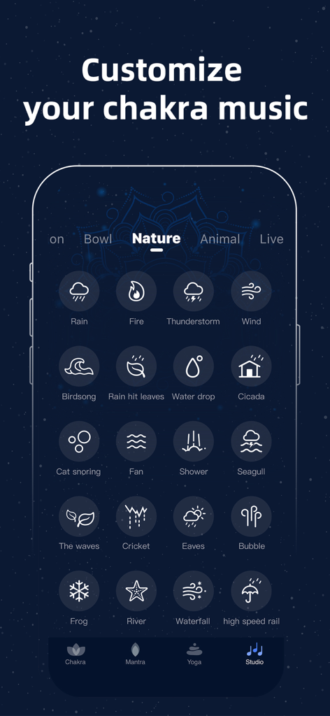 Mobile app interface for customizing chakra meditation music with nature sound options like rain and fire