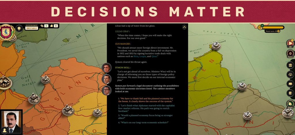 Suzerain - Captura de pantalla del juego del simulador político Suzerain que muestra un mapa y opciones de diálogo con el texto Las decisiones importan