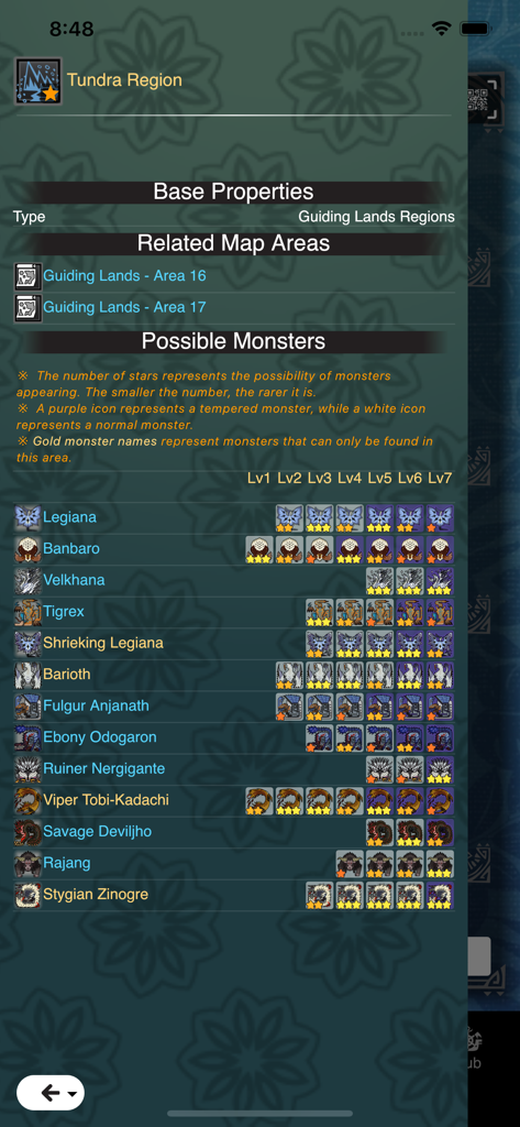 GameCat: MHW - List of possible monsters and spawn probabilities for the Tundra Region in the GameCat MHW app