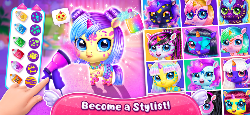 Kpopsies - My Unicorn Band - A child customizing a cute virtual unicorn pet with colorful patterns and accessories in the Kpopsies app