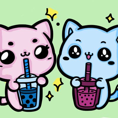 kawaii cute cat drinking boba