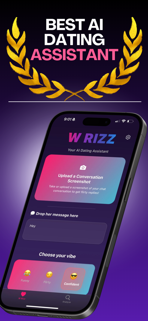 W Rizz: AI Dating Assistant - Interfaz de la aplicación W Rizz en un smartphone mostrando funciones para subir capturas de pantalla y elegir tonos de mensaje como divertido, coqueto o seguro