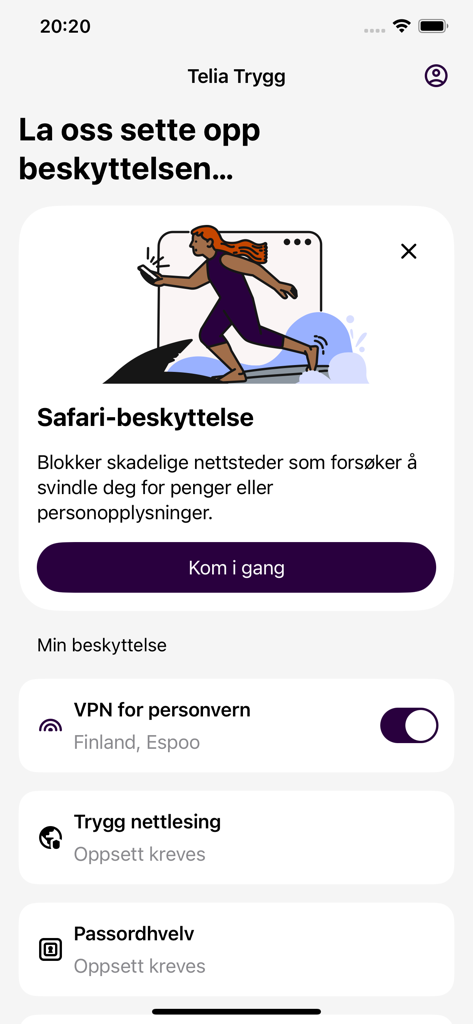 Telia Trygg - Interface of the Telia Trygg app showing security features including Safari protection, VPN status, and password vault