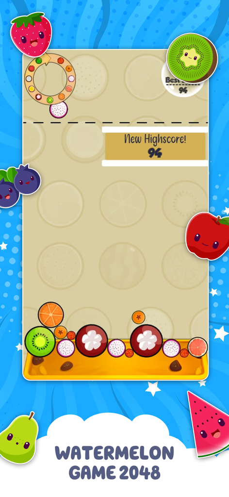 Captura de pantalla del juego de Watermelon Games Fruit Merge mostrando una nueva puntuación alta y lindos personajes de frutas de dibujos animados.
