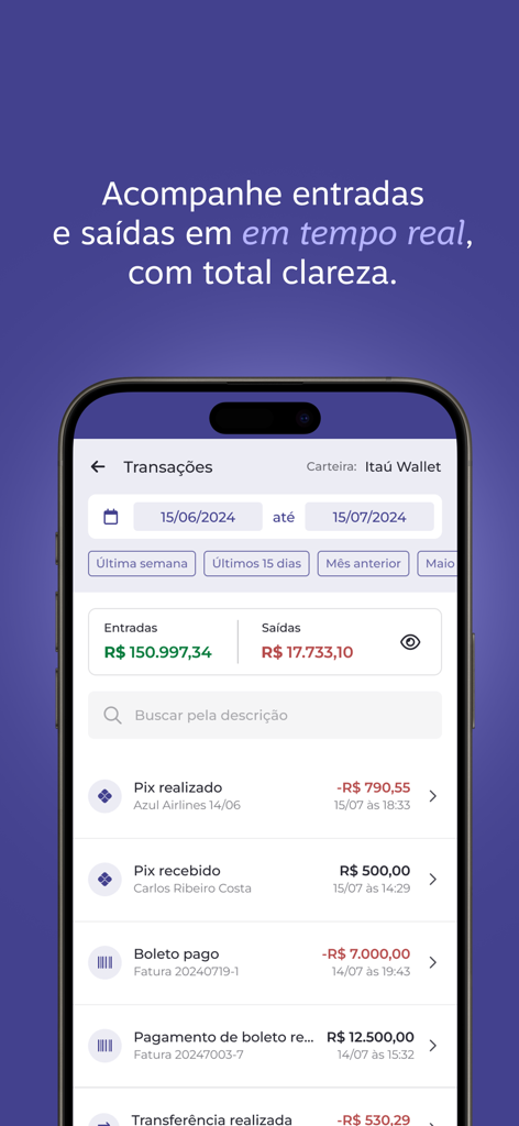 Portão 3 - Expenses - A mobile screen showing real-time transaction tracking with total inflows and outflows in the Portão 3 app.