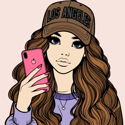 realistic beautiful girl wearing los ángeles cap holding an iphone