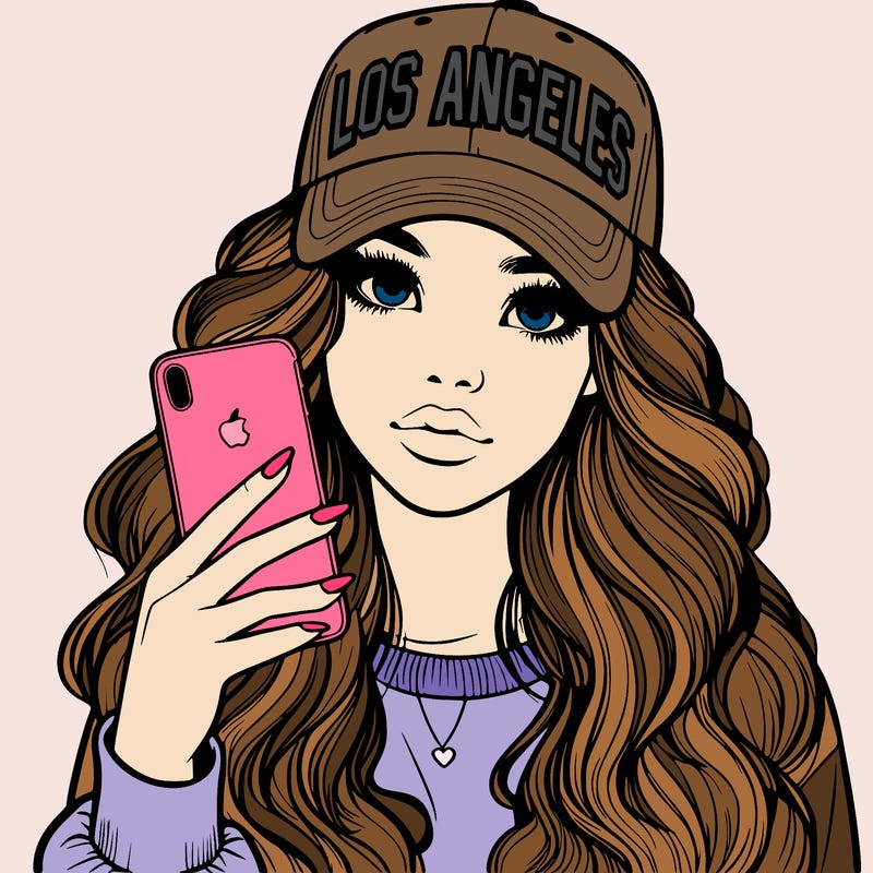 realistic beautiful girl wearing los ángeles cap holding an iphone