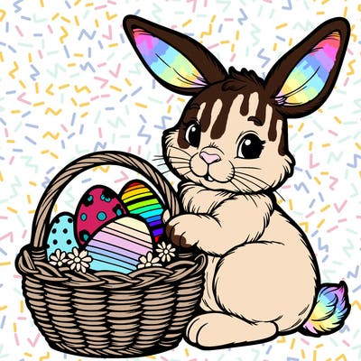 easter bunny with a basket with eggs realistic