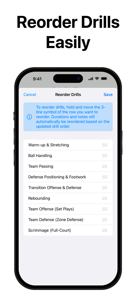 PracticePlanner - Coach Plan - Mobile app screen showing a list of sports drills that can be reordered for a basketball practice plan