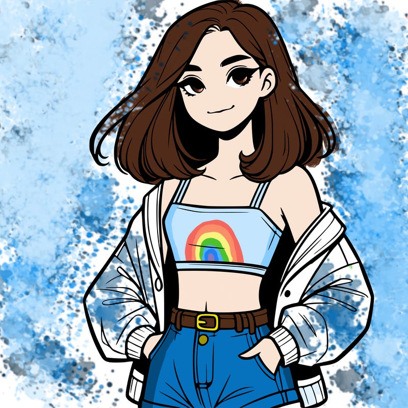 a realistic girl with a crop top and short shorts in an open jacket