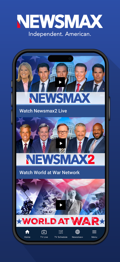 Newsmax - Newsmaxアプリが表示されたスマートフォンの画面。ライブニュースチャンネルや歴史ドキュメンタリーの視聴オプションがあります。