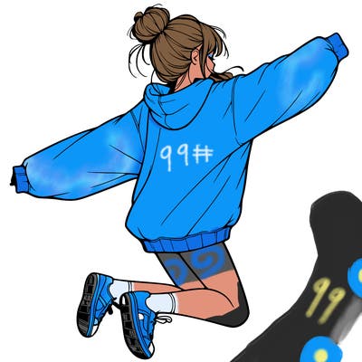 realistic girl jumping with a bun and oversized sweatshirt