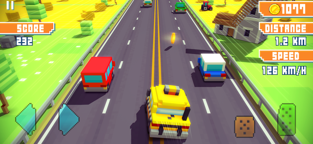 A yellow taxi driving on a highway in the blocky voxel art game Blocky Highway.