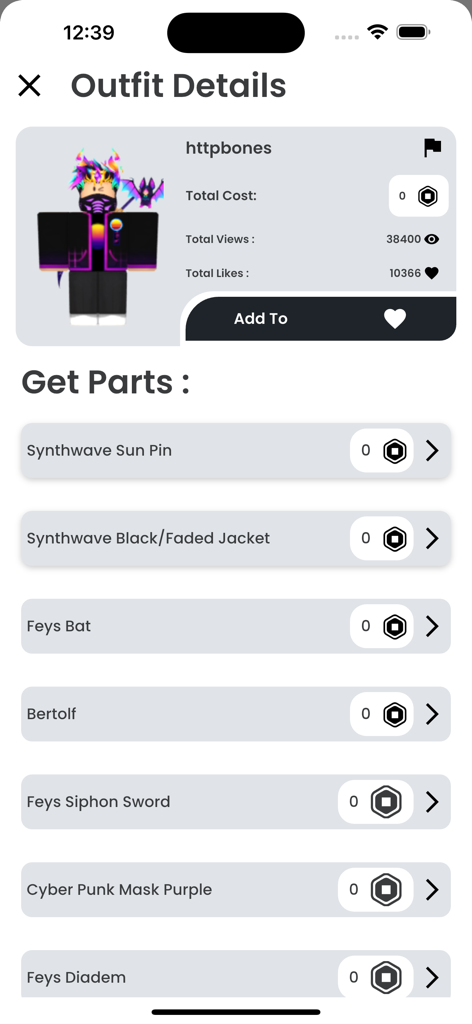 Outfit Ideas For Roblox - Una lista detallada de artículos específicos de avatar y sus costos para un atuendo de Roblox de estilo synthwave.