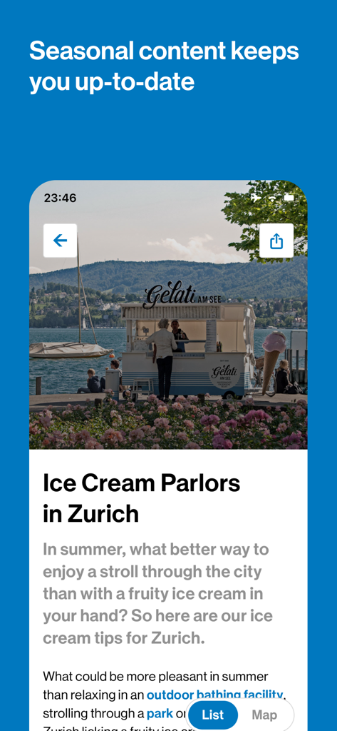 Zürich City Guide - Zurich City Guide app screenshot showing seasonal content about ice cream parlors by the lake.