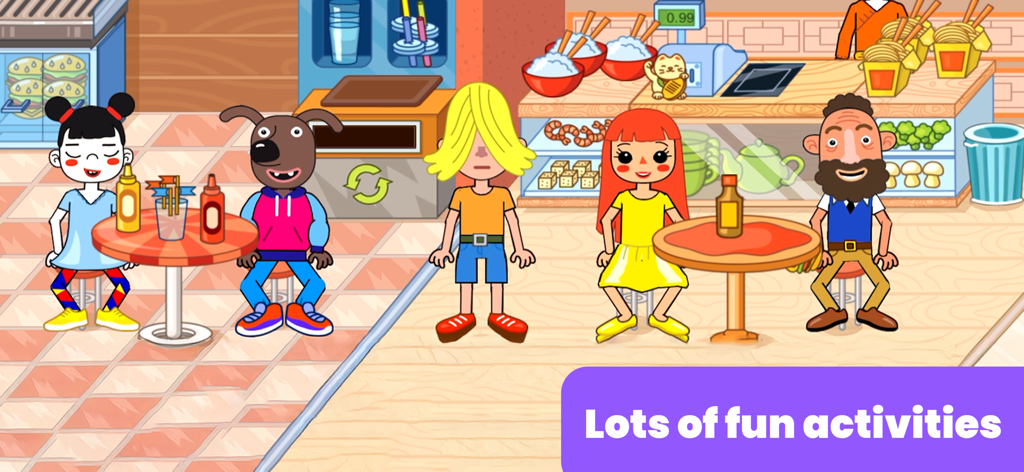 Cartoon characters in a colorful food court scene from a kids educational mall game.
