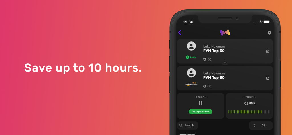 FreeYourMusic app interface showing a playlist transfer from Spotify to Amazon Music with a syncing progress bar and time saving message