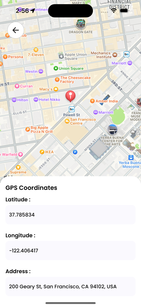 GPS Map Camera & Timestamp - Mobile app screen showing a map of San Francisco with latitude longitude and street address details