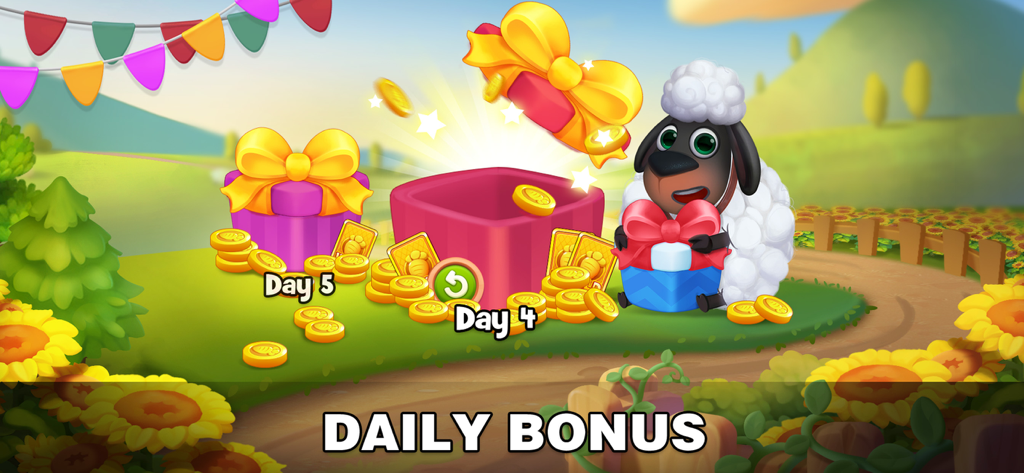 Daily bonus screen in Solitaire Farm Tripeaks World showing a cute sheep with gift boxes and gold coins