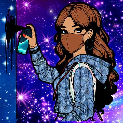 realistic girl with mask spray painting a wall