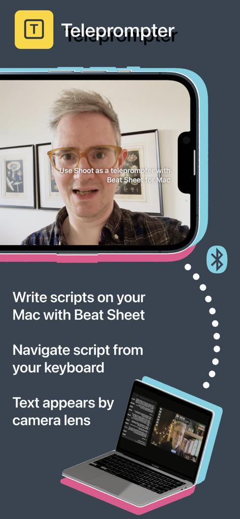 Shoot Pro Webcam & Telestrator - Shoot Pro Webcam app showing the teleprompter feature synced with a Mac for script reading.