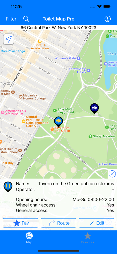 Map of New York in The Toilet Map app showing public restroom locations and accessibility details